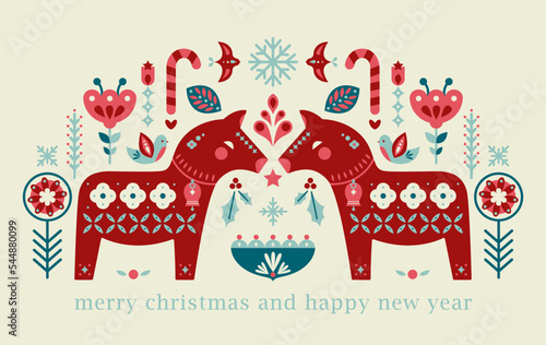 christmas winter Scandinavian folklore with horse ornament design background for card, postcard, poster
