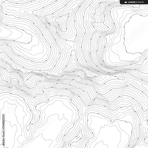 Vector background with black textured topographical contour of mountain Lhoce. Altitude: 8 516 m.