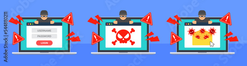Collection of internet threats. Concept of phishing or scam. Data hacking. Infected email with viruses or malware. Dangerous website or dark web. Flat cartoon vector icon. Technology illustration.