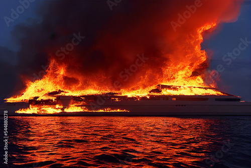 Yacht fire. The ship is on fire. Explosion and fire on a private vessel on the high seas. 
