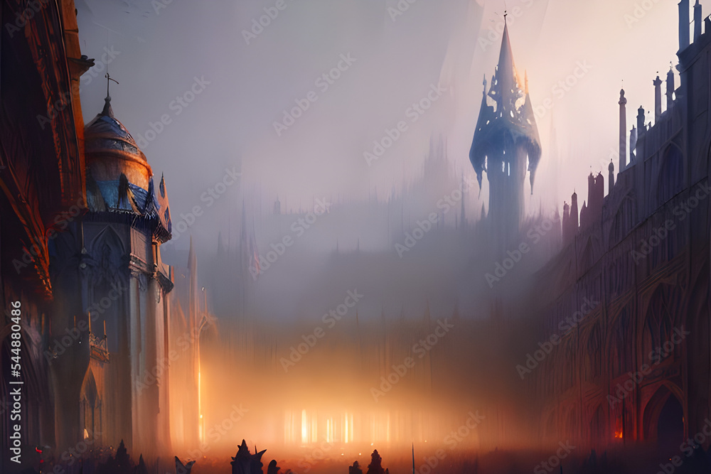 Gothic fantasy city with cathedrals, churches, towers, houses and king ...