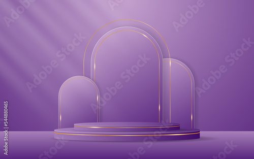 Purple podium with purple curved border and gold lines on the back for product presentation. Cosmetic product display. vector illustration
