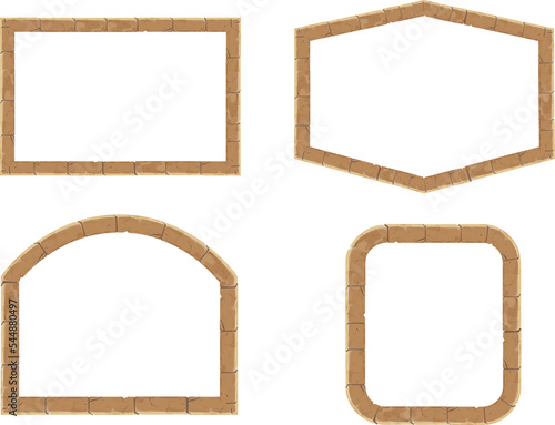 Set Stone brick frame border ancient medieval in cartoon style, isolated on white background. Game decoration, menu