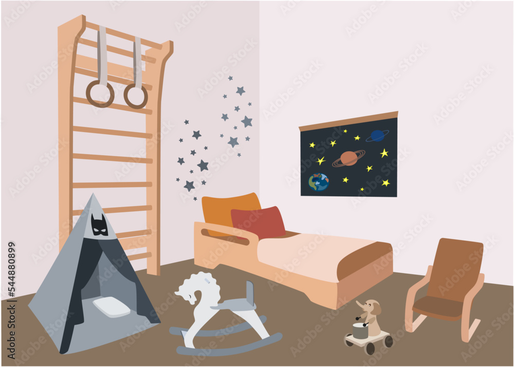 Obraz premium Children's room for a boy. Bedroom with furniture and toys. Children's room interior vector illustration. 