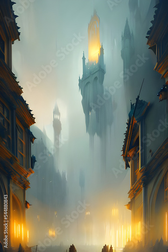 Fotografiet Gothic fantasy city with cathedrals, churches, towers, houses and knights, wizar