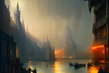 Gothic fantasy city with cathedrals, churches, towers, houses and knights, wizards and priests in mystic mist - catolic - medieval 