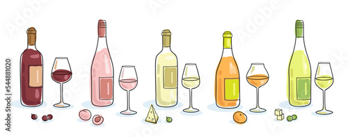 Set of five bottles of wine with glasses and snacks. Handmade picture in line style. Black contour with colored spots. Isolated on white background.  Vector flat illustration. Template for menu design