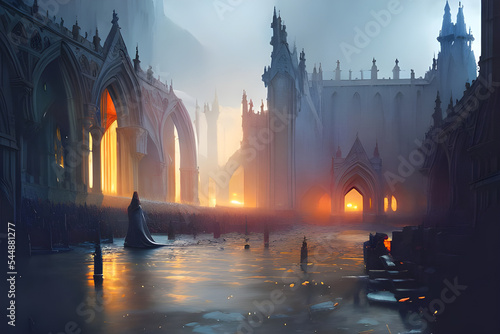Gothic fantasy city with cathedrals, churches, towers, houses and knights, wizards and priests in mystic mist - catolic - medieval - gothic photo