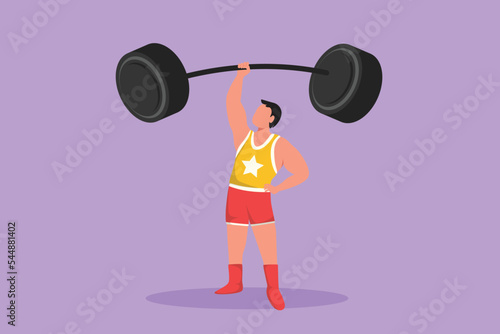 Cartoon flat style drawing of bodybuilder raised barbell or dumbbell with only one hand. Healthy strongman with muscle performance. Circus show event entertainment. Graphic design vector illustration
