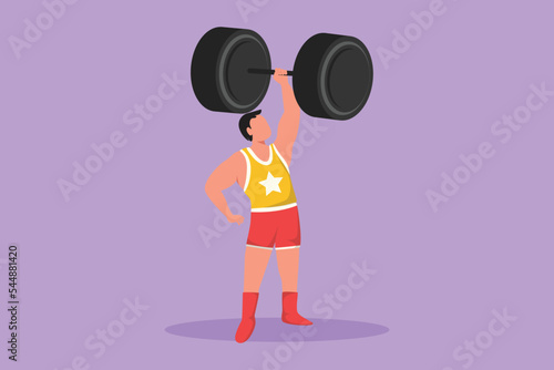 Graphic flat design drawing bodybuilder raised barbell or dumbbell with only one hand. Stunt performers who really amazed audience. Circus show event entertainment. Cartoon style vector illustration