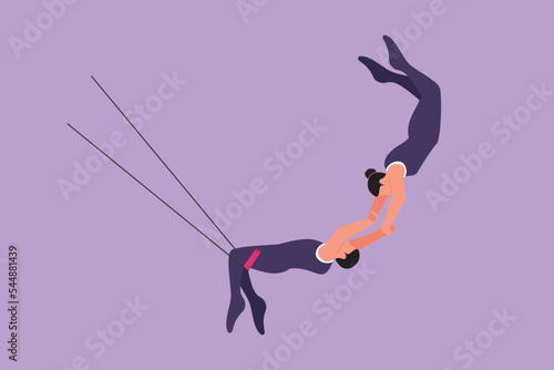 Cartoon flat style drawing two acrobatic players in action on trapeze with male player hanging from his two legs while catching female player. Circus entertainment. Graphic design vector illustration photo