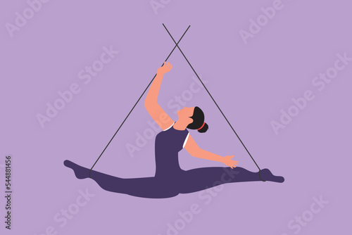 Character flat drawing female acrobat perform on the trapeze while dancing and spreading her legs apart. It takes courage and risks. Circus show event entertainment. Cartoon design vector illustration