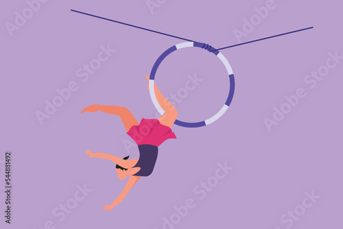 Cartoon flat style drawing young female acrobatic who performs on aerial hoop while dancing with one leg hanging and her head down. Circus show event entertainment. Graphic design vector illustration