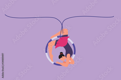 Character flat drawing female acrobat performing on aerial hoop by forming circle around her body. It takes courage and takes risks. Circus show event entertainment. Cartoon design vector illustration