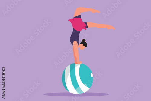 Character flat drawing of female acrobatic performers handstand dance on striped circus ball. Interesting beautiful leg dance performance. Circus show entertainment. Cartoon design vector illustration