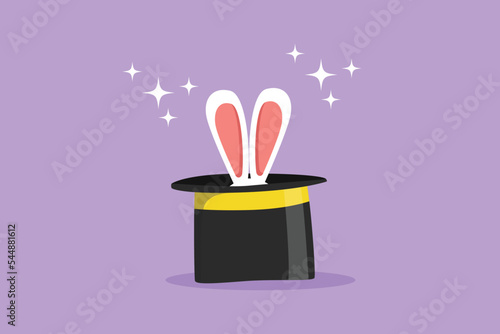 Graphic flat design drawing cute bunny ears appear on the magician's black hat. Animal magic show at the traveling circus. Circus show event entertainment. Cartoon style character vector illustration