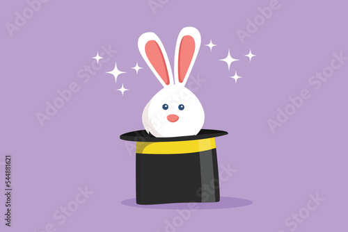 Billede på lærred Cartoon flat style drawing of cute bunny or funny rabbit appears in magician's black hat