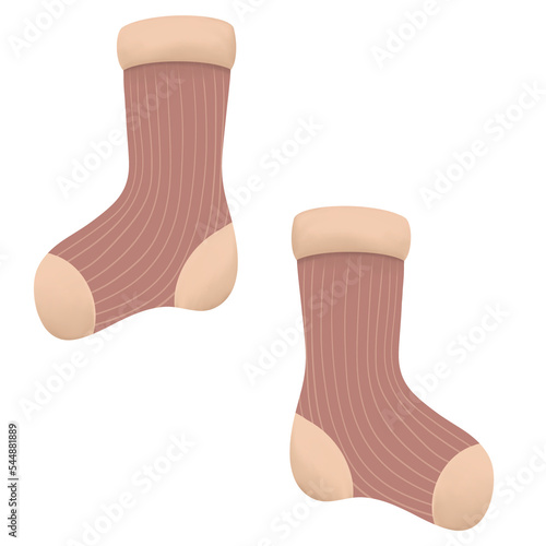 Watercolor pair of striped socks, Pink and Beige classic design. Watercolor winter illustration isolated on transparent background. Small fabric item of clothing and leg warmer.