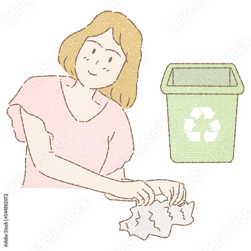 Young woman holding used paper or cloth or trash, preparing to throw it in recycling garbage bin. Hand drawn flat cartoon character vector illustration in colored pencil texture.