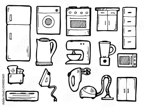 Old kitchen with furniture and items. Set of objects. Outline hand drawn sketch. Drawing with ink. Isolated on white background. Vector.