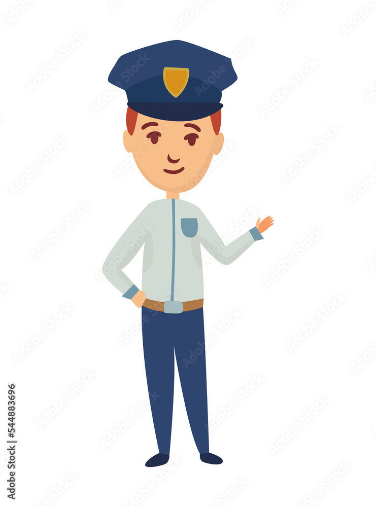 Kid profession policeman. Cartoon young person in professional uniform. Cute children occupation  illustration. Boy character in professions suit