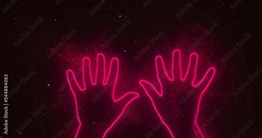 Two hands wave their palm in space among the stars. Abstraction, 3d render, neon glowing lines and particles. Red outline of hands. Sign of greeting, fanaticism, adoration, party. Two hands wave their palm in space among the stars. Abstraction, 3d render, neon glowing lines and particles. Red outline of hands. Sign of greeting, fanaticism, adoration, party.