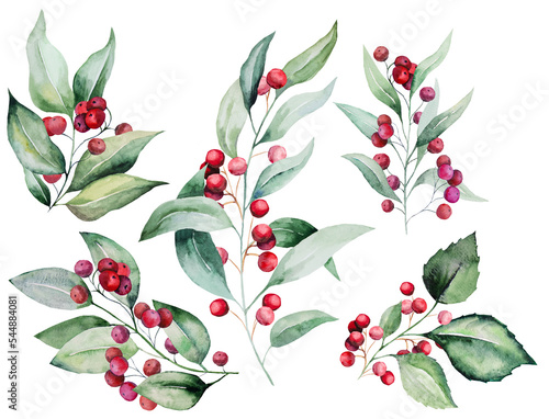 Christmas watercolor twigs with green leaves and red berries. Holidays design Illustration photo