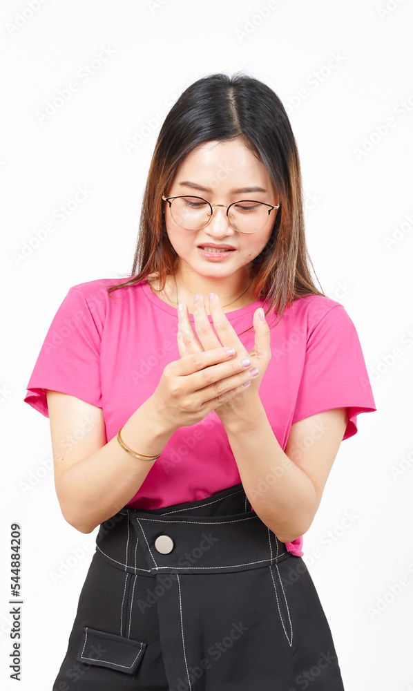 Suffering pain on hands Of Beautiful Asian Woman Isolated On White Background Suffering pain on hands Of Beautiful Asian Woman Isolated On White Background