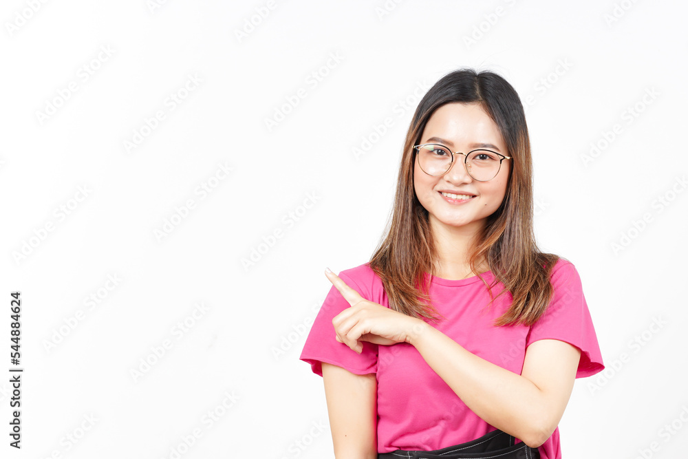 Showing Product and Pointing Side Of Beautiful Asian Woman Isolated On White Background Showing Product and Pointing Side Of Beautiful Asian Woman Isolated On White Background