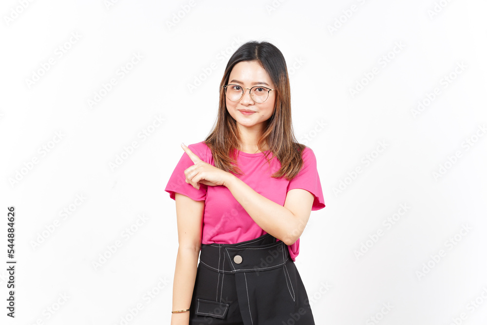 Showing Product and Pointing Side Of Beautiful Asian Woman Isolated On White Background Showing Product and Pointing Side Of Beautiful Asian Woman Isolated On White Background