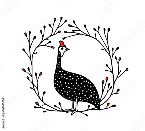 Vector card with hand drawn sweet guinea fowl in elegant floral wreath. Ink drawing, graphic illustration, heavy contour. Beautiful design elements