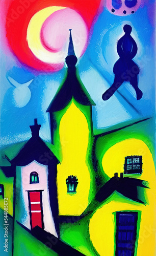 Digital painted cute houses at night in style of naive, cubism, modern contemporary art. Colorful catoon houses illustration, print for canvas, paper, poster, other design works.