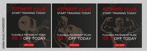 Fitness gym social media post and web banner template design with red-black accent. Set of web banner, flyer or poster for fitness club offer promotion	
