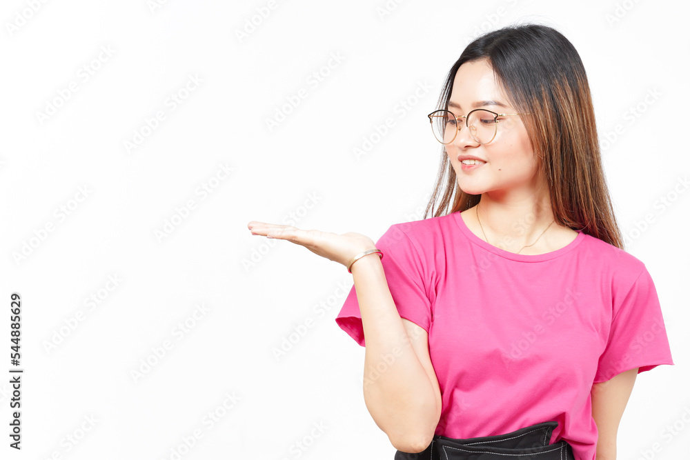 Showing and Presenting Product on Open Palm Of Beautiful Asian Woman Isolated On White Background Showing and Presenting Product on Open Palm Of Beautiful Asian Woman Isolated On White Background