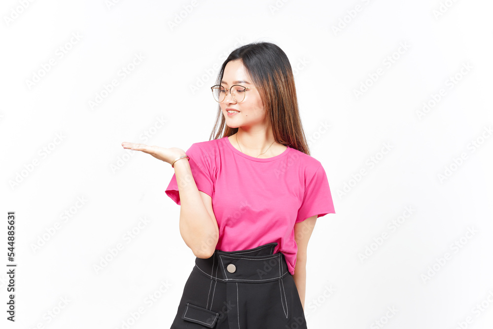 Showing and Presenting Product on Open Palm Of Beautiful Asian Woman Isolated On White Background Showing and Presenting Product on Open Palm Of Beautiful Asian Woman Isolated On White Background