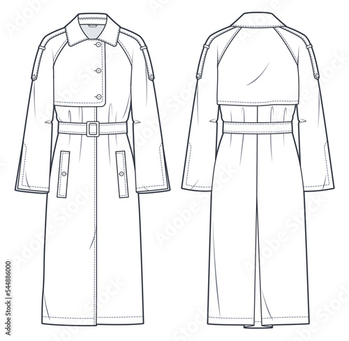 Raglan SleeveTrench Coat technical fashion Illustration. Trench Coat fashion flat technical drawing template, midi length, flared sleeve, pocket, front, back view, white, women, men, unisex CAD mockup