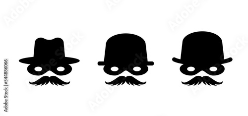 Balaclava. Bank robber and crooks eye mask. Intermediary or unrecognizable person. Cartoon mafia, detective or spy with hat. Man face, barber and moustache, mustache or beard. Zorro mask. Bowler hat.