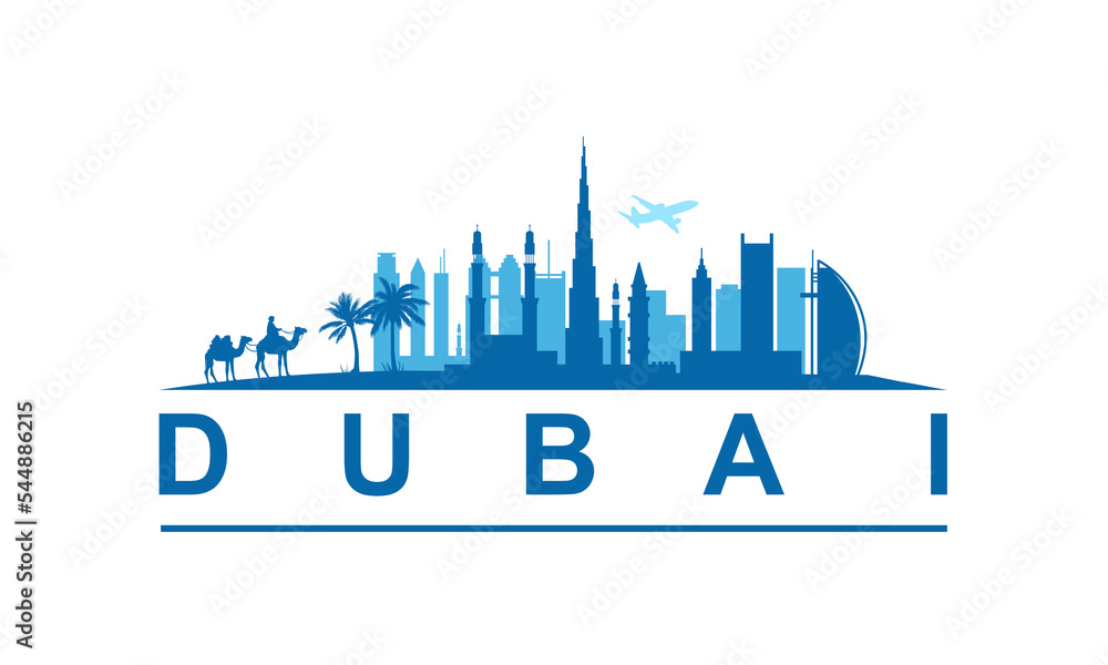 Dubai City Skyline Landscape Emirates Vector Graphic. Blue silhouette graphic. Abu dhabi, doha, arabia.