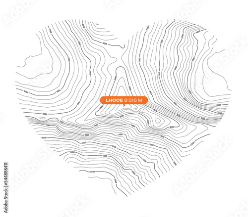 Vector background with a black textured topographical outline of Mount Lhoce forming a heart symbol
