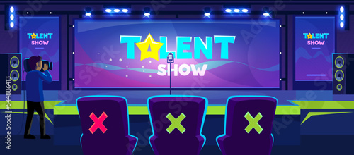 Online tv translation of a talent show stage and celebrity jury behind a desk. Star contest show for people with skills: dancers, singers. Promotion background. Cartoon style vector illustration.