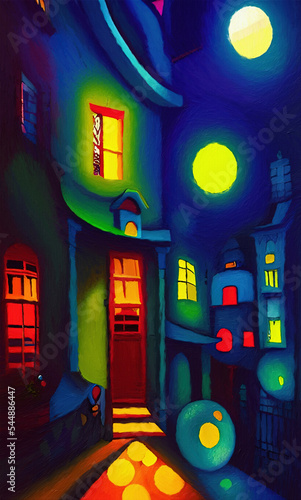 Digital painted cute houses at night in style of naive, cubism, modern contemporary art. Colorful catoon houses illustration, print for canvas, paper, poster, other design works.