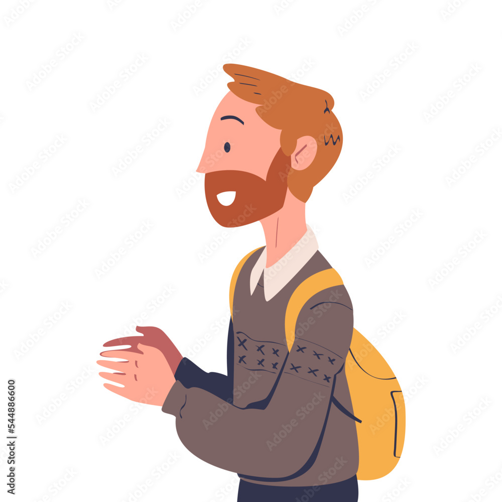 Obraz premium Smiling Bearded Man Character with Backpack at the Airport Boarding Plane Vector Illustration