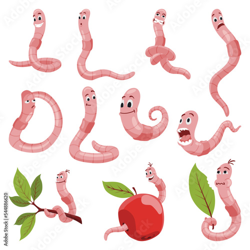 Funny worms collection. Soil crawlers with various emotion expressions. Set happy, amazement, pensive, upset applegrubs. Earth worm cartoon characters, wildlife nature. Insects for kids illustration