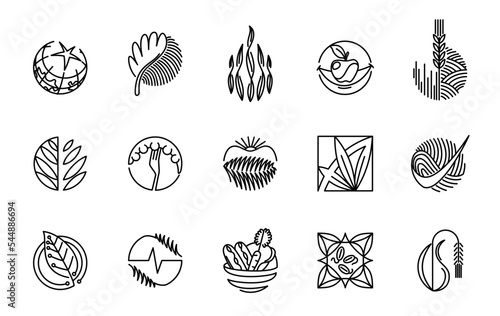 Vegan icons. Natural and organic cosmetic line symbols set. GMO free emblems. Organic products badges. Hypoallergenic, safe for children, clean cosmetic, non toxic. Vector illustration