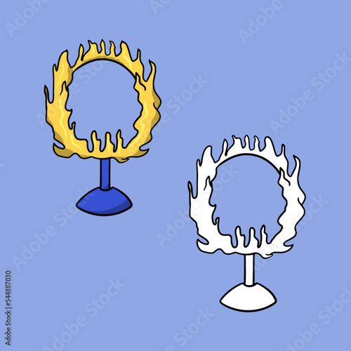 A set of images. Ring on a stand, fire ring for performing circus tricks, vector cartoon