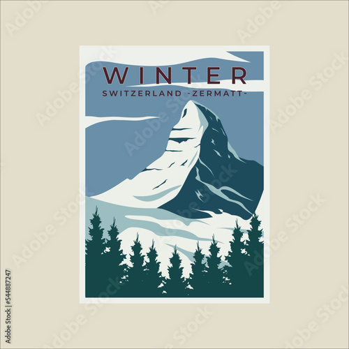 Платно zermatt switzerland vintage poster vector illustration template graphic design