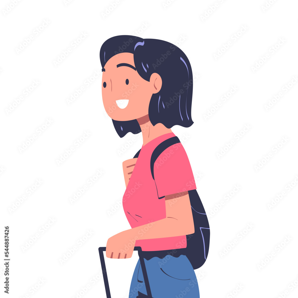 Smiling Woman Character with Backpack at the Airport Boarding Plane Vector Illustration Smiling Woman Character with Backpack at the Airport Boarding Plane Vector Illustration