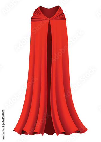 Superhero red cape in front view. Scarlet fabric silk cloak. Mantle costume or cover cartoon vector illustration