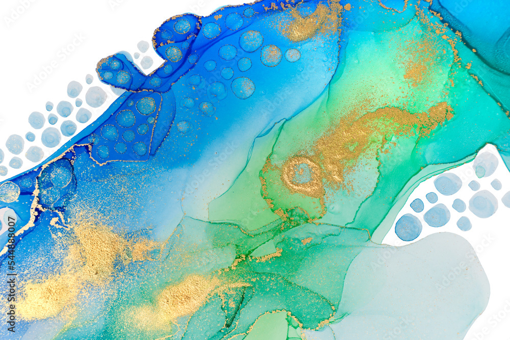 Fototapeta premium Abstract Ocean Foam Print Imitation. Watercolor Blue Texture with Gold Glitter.
