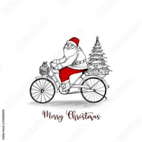 Merry Christmas festival background with santa claus on bicycle design